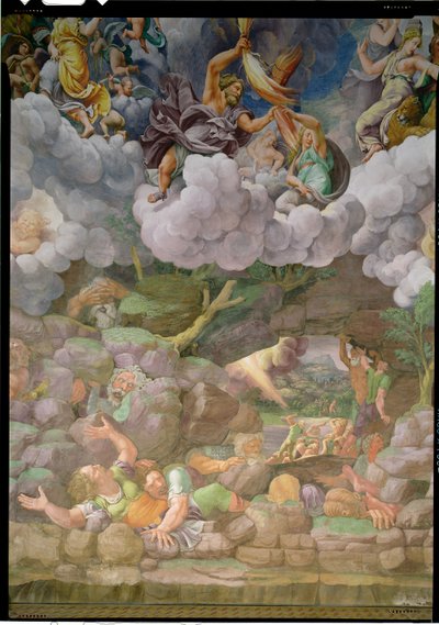 Olimpo y Zeus destruyendo a los gigantes rebeldes, detalle de una de las paredes de la Sala dei Giganti, 1530-32 de Giulio Romano